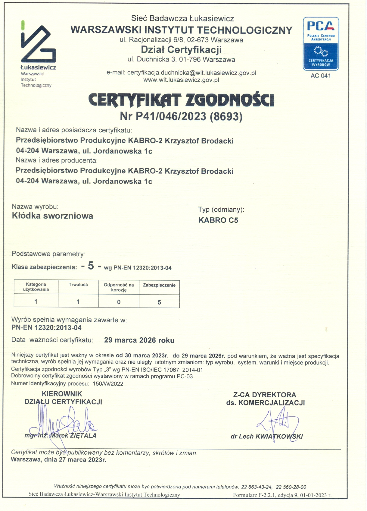 Certyfikat klasy 5. dla kłódki KABRO C5