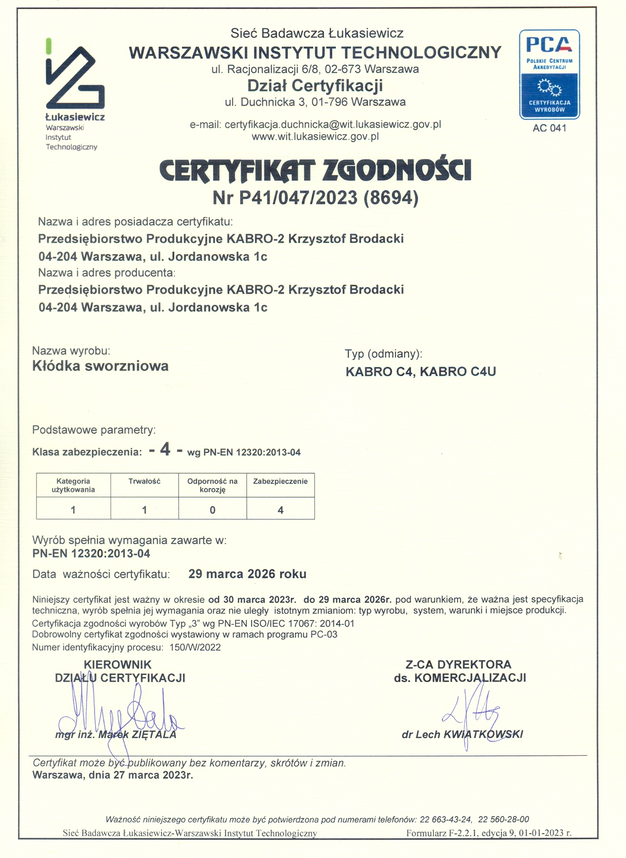 Certyfikat klasy 4. dla kłódek KABRO C4 i C4U